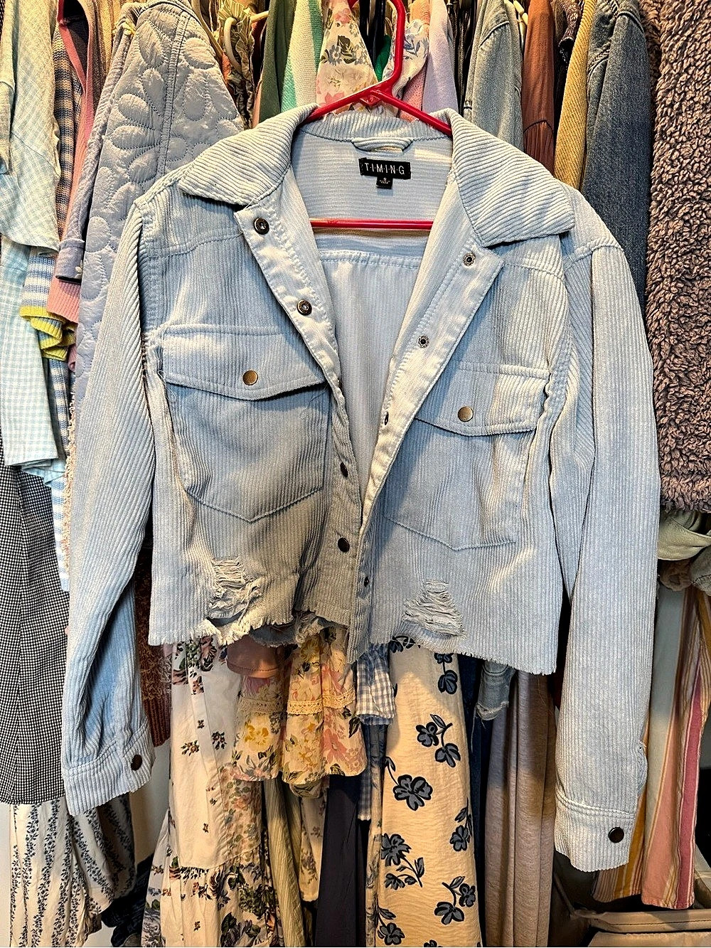 TIMING cropped Distressed Corduroy Jacket in Blue Size Small